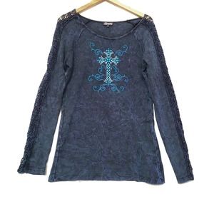 Cowgirl Hardware Waffle Knit Western Rhinestone Lace Long Sleeve Tee‎ Size XXL